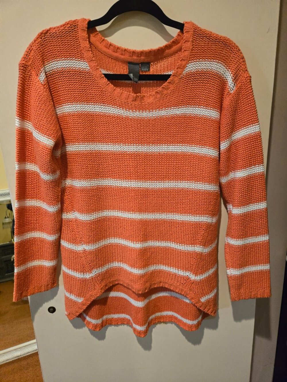 QUINN Orange White Striped Knit Sweater Women's Medium High Low Scoop Neck